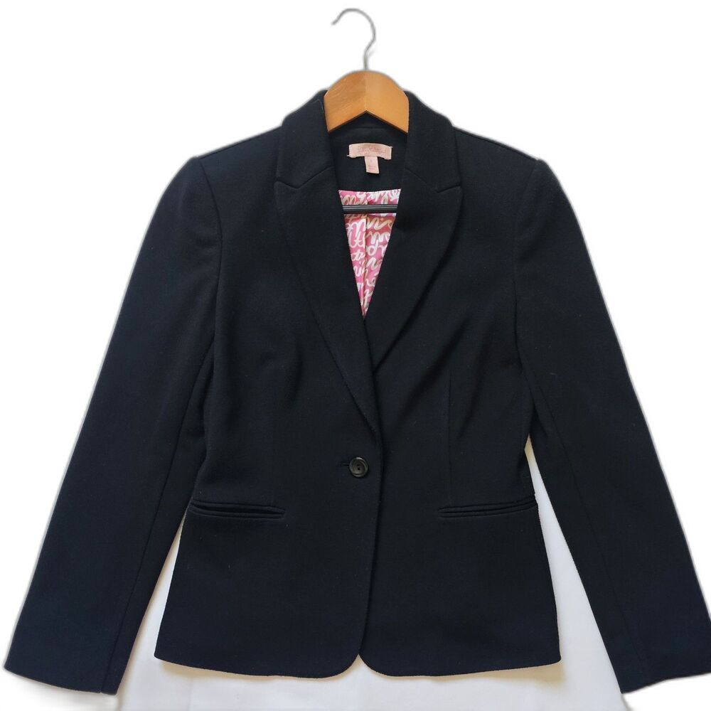 Lilly Pulitzer Black Fitted One-Button Blazer Hot Pink Printed Lining Size Small